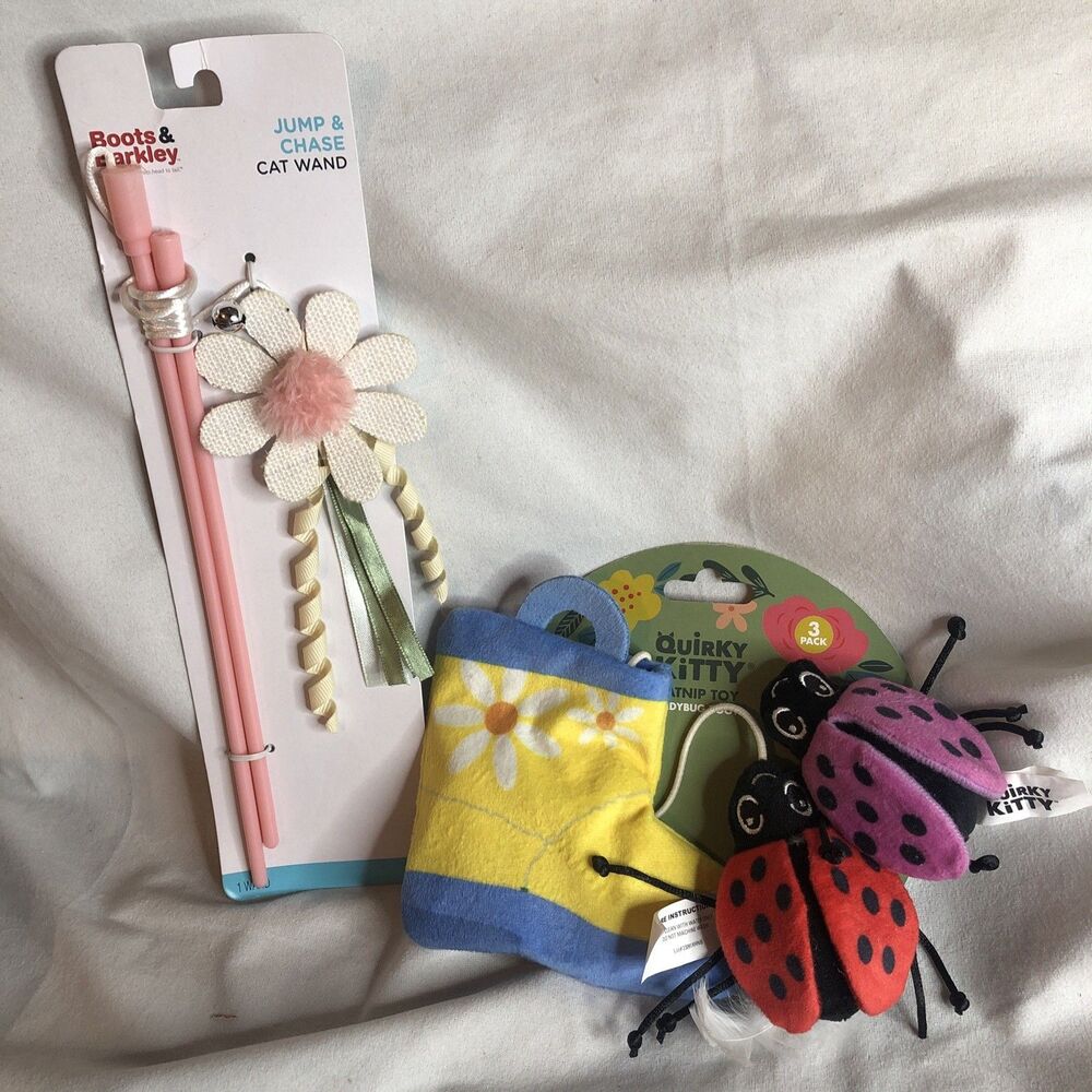 Quirky Kitty Ladybug 🐞 & Flower Jump & Chase Wand Cat Toys LOT NEW